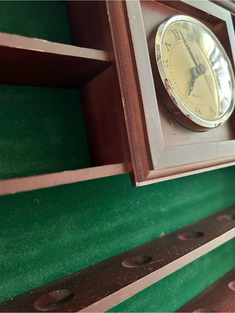 Wooden Golf Ball Display Shelf built in analog quartz clock green velvet trinket